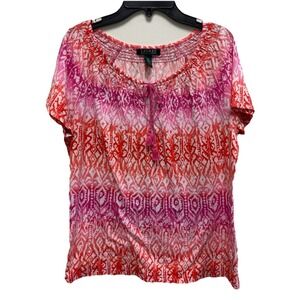 Lauren Ralph Lauren Womens Medium Pink Orange Boho Print Peasant Top With Tassel